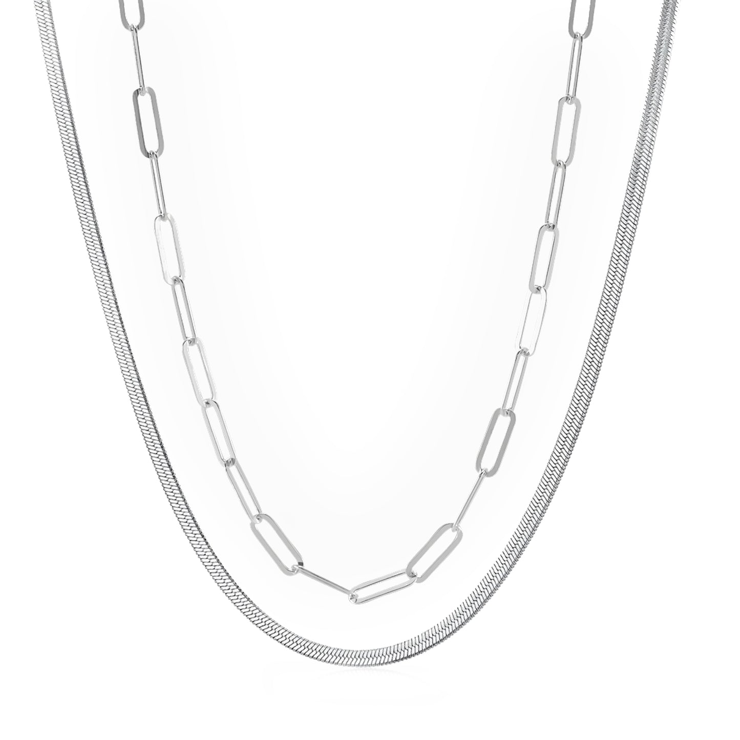 Necklace 2 Pack - Silver Paperclip & Silver Herringbone