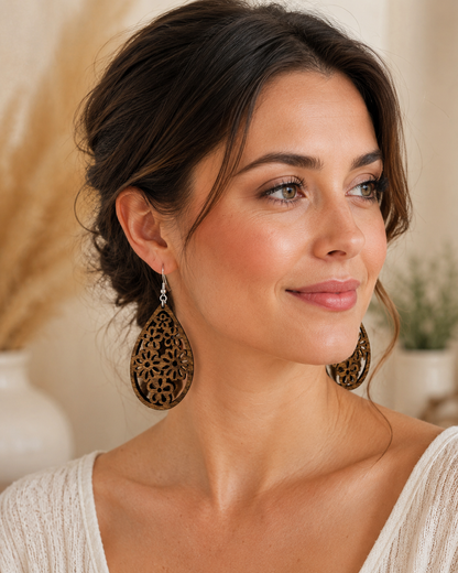 Stunning Wood Mandala Earrings in A Unique Teardrop Shape