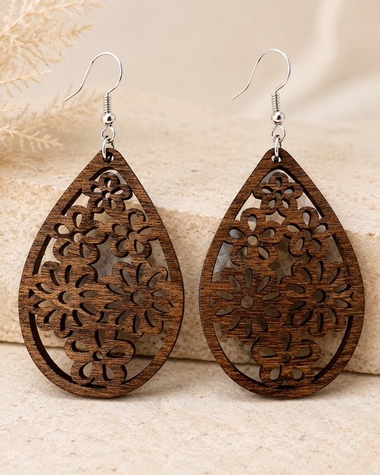 Stunning Wood Mandala Earrings in A Unique Teardrop Shape