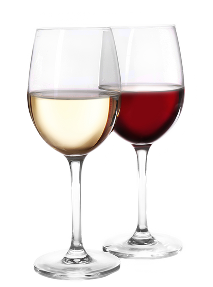 One glass of white wine and one glass of red wine.